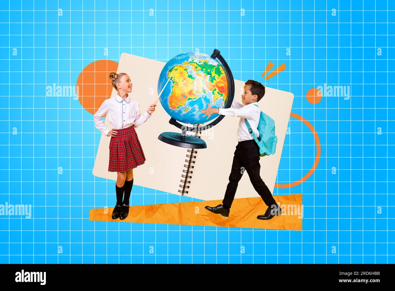 Globus map geography exploring new continent america collage picture of two classmates lecture learning isolated on plaid blue background Stock Photo