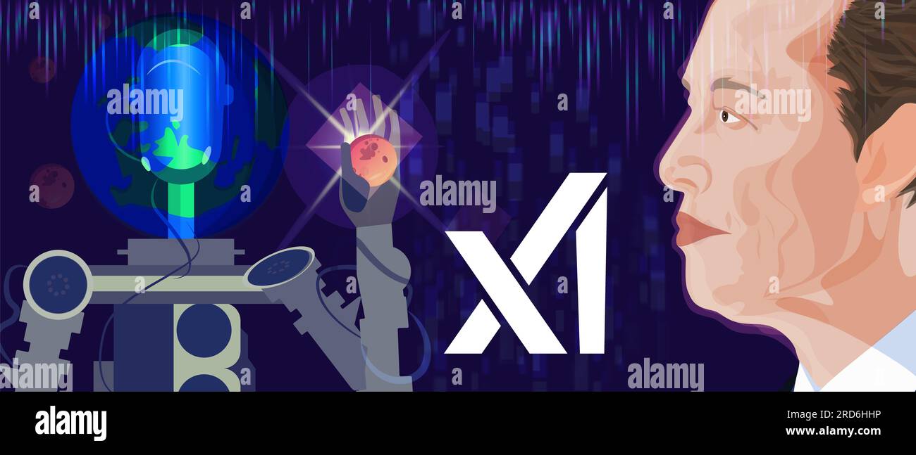 2023 Elon Musk portrait, robot and xAI inscription Stock Photo - Alamy