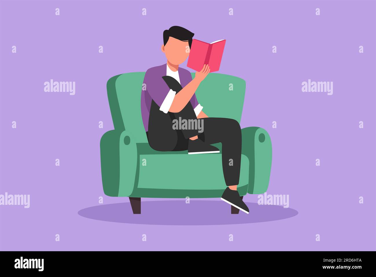 Cartoon flat style drawing young man reading book sitting in armchair