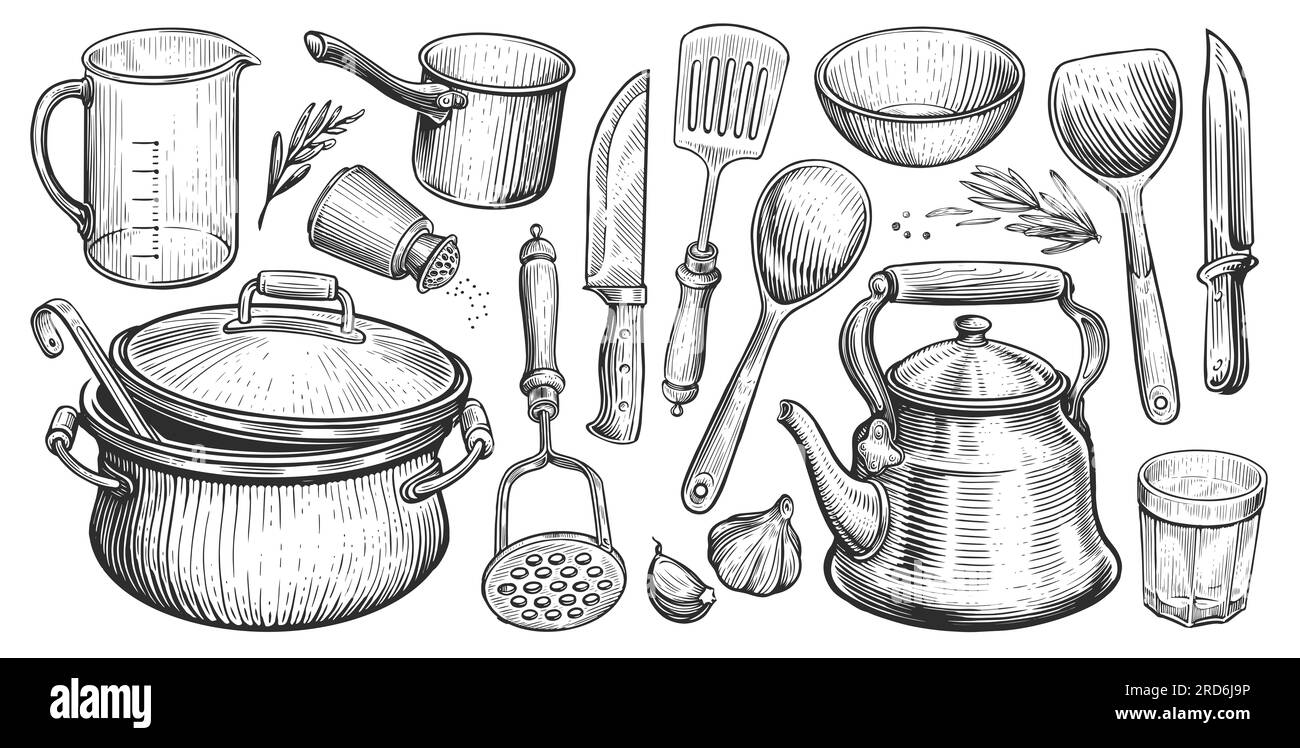 Set of kitchen utensils for cooking. Sketch vintage illustration for restaurant or diner menu Stock Photo