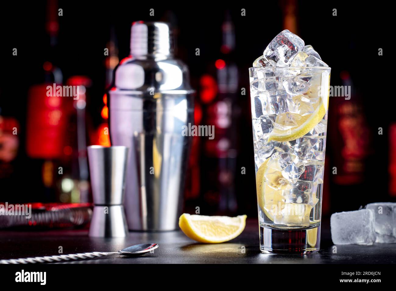 Vodka tonic alcoholic cocktail drink with cold vodka, lemon juice