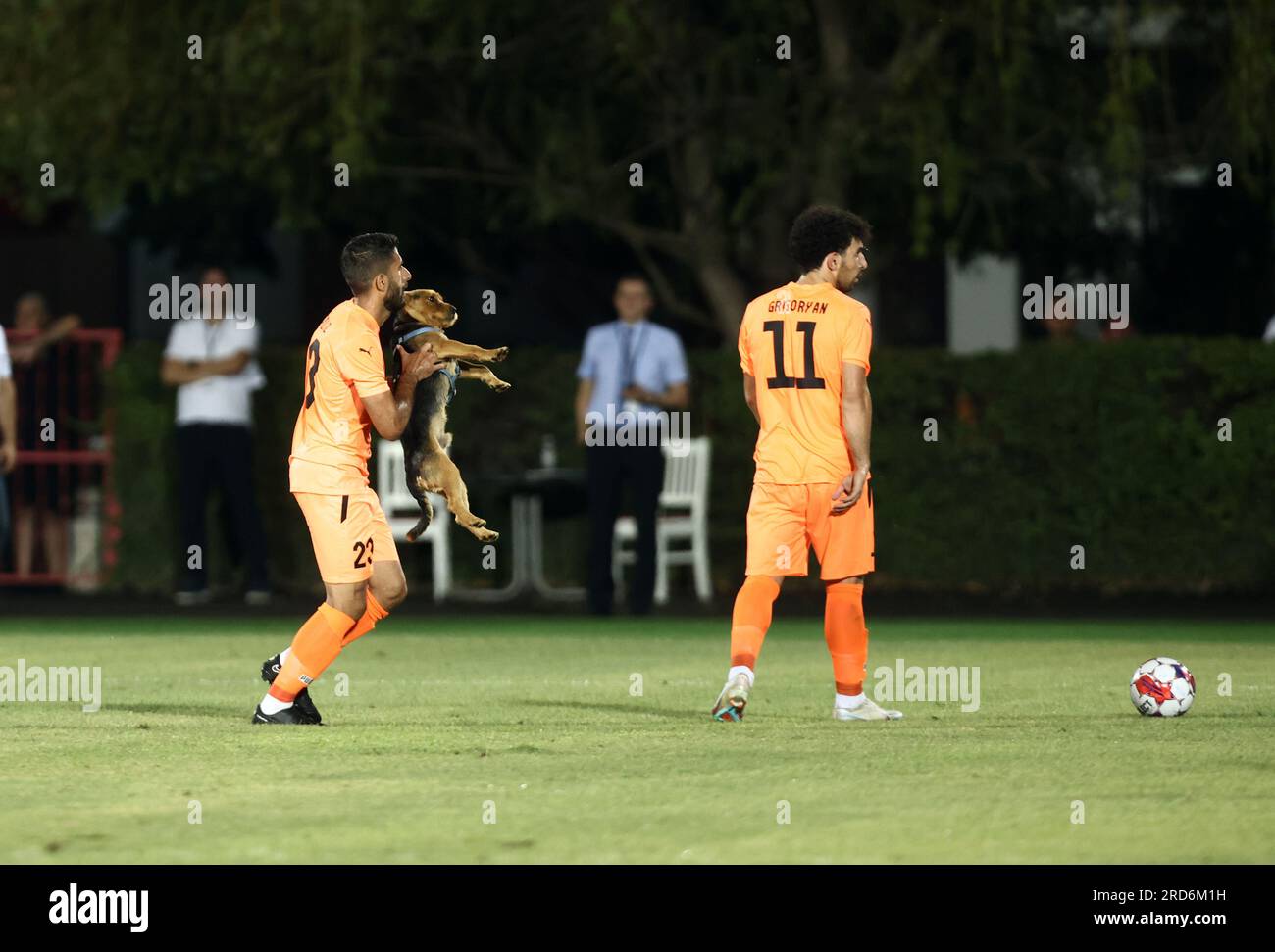 The dog ran into the field during the return match of the first qualifying round for the UEFA Champions League between HSK Zrinjski BiH and FC Urartu in Mostar, Bosnia and Herzegovina on July 18, 2023. Photo: Denis Kapetanovic/PIXSELL Credit: Pixsell/Alamy Live News Stock Photo