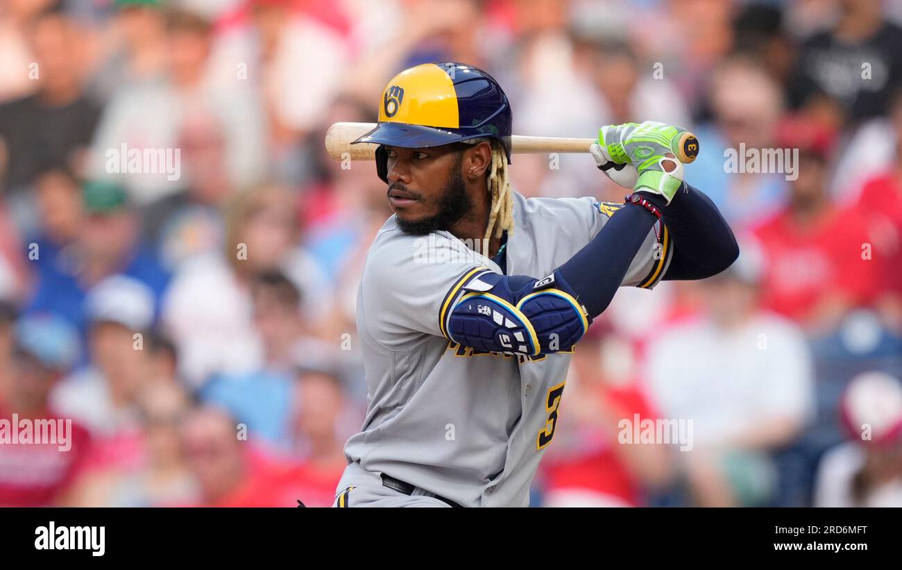 Milwaukee Brewers' Raimel Tapia plays during a baseball game, Tuesday, July  18, 2023, in Philadelphia. (AP Photo/Matt Slocum Stock Photo - Alamy