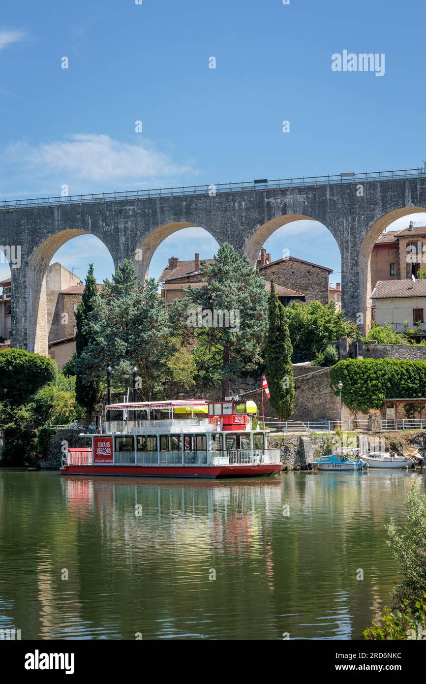 River cruise boat and Aqueduct at Saint-Nazaire-en-Royans Drome Auvergne-Rhone-Alpes France Stock Photo