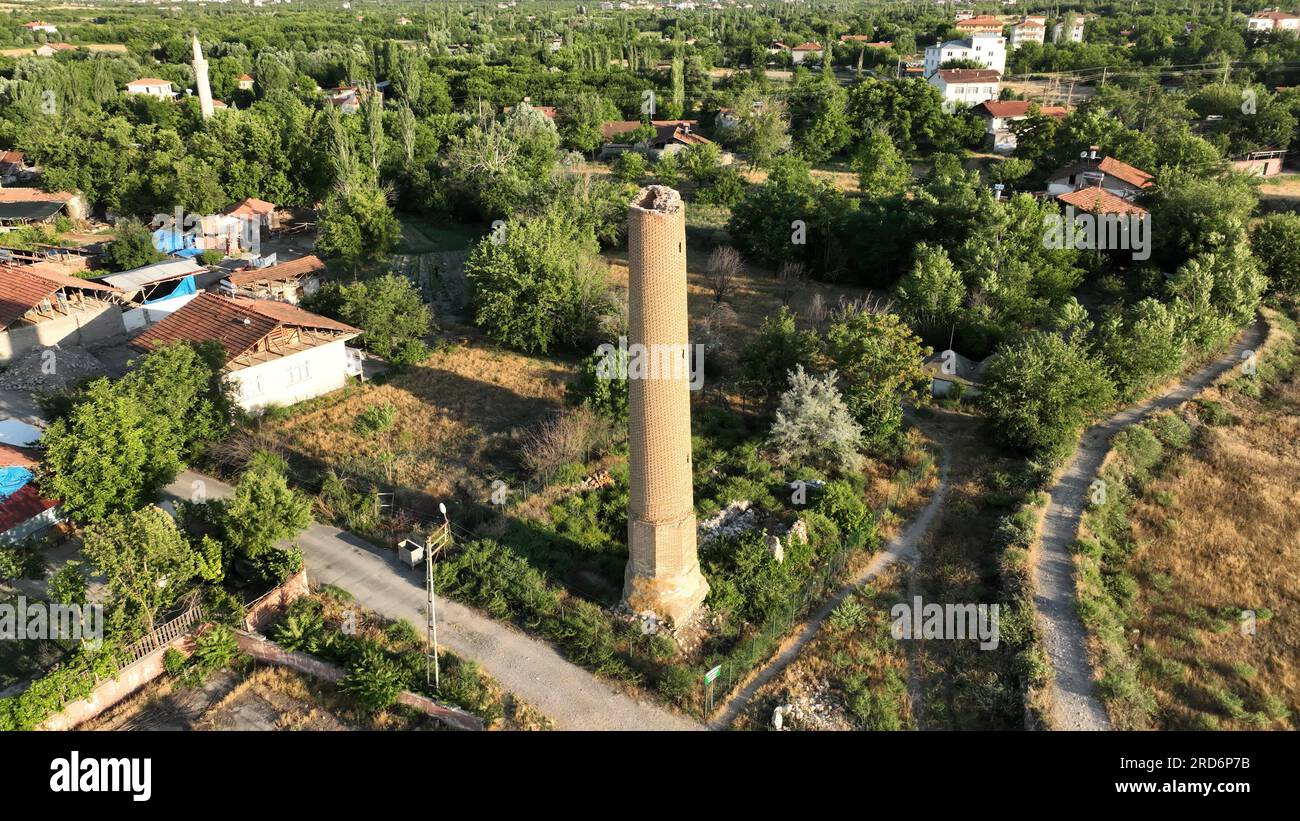 A drone photograph of Malatya's Battalgazi district. Halfedi Minaret was built in the 13th century during the Anatolian Seljuk period. Stock Photo