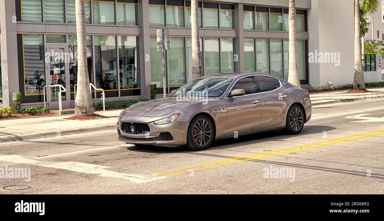 Miami Beach, Florida USA April 15, 2021 silver maserati Quattroporte