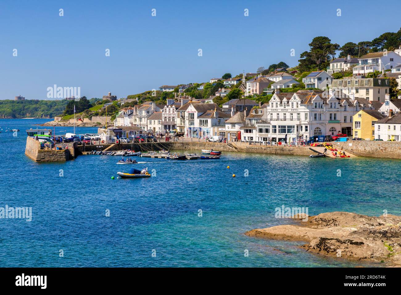 26 May 2023: St Mawes, Roseland Peninsula, Cornwall, UK - The popular village of St Mawes. St Mawes Castle can be seen, and also the similar one acros Stock Photo