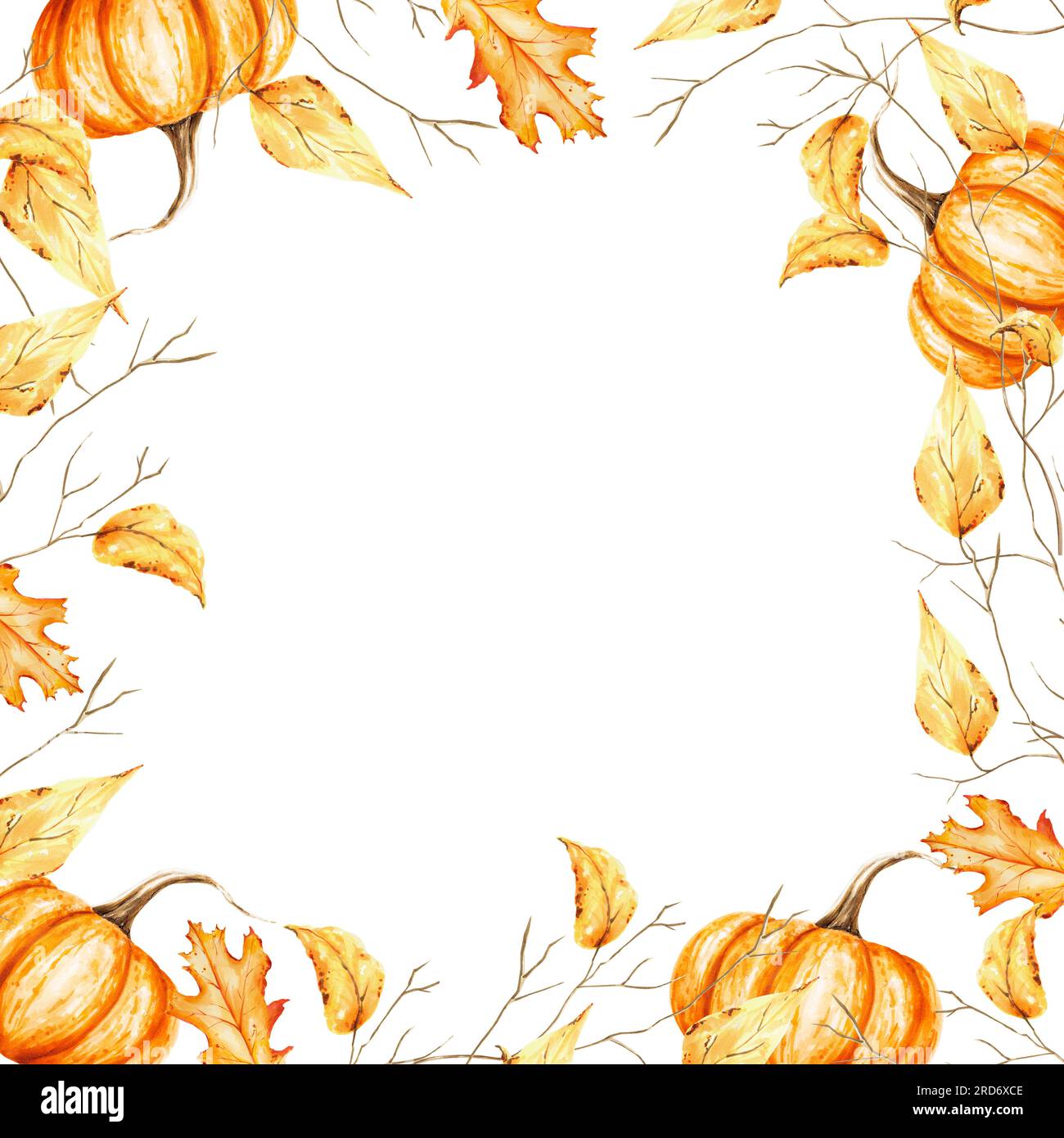 Watercolor autumn frame with tree branch golden foliage and pumpkins ...