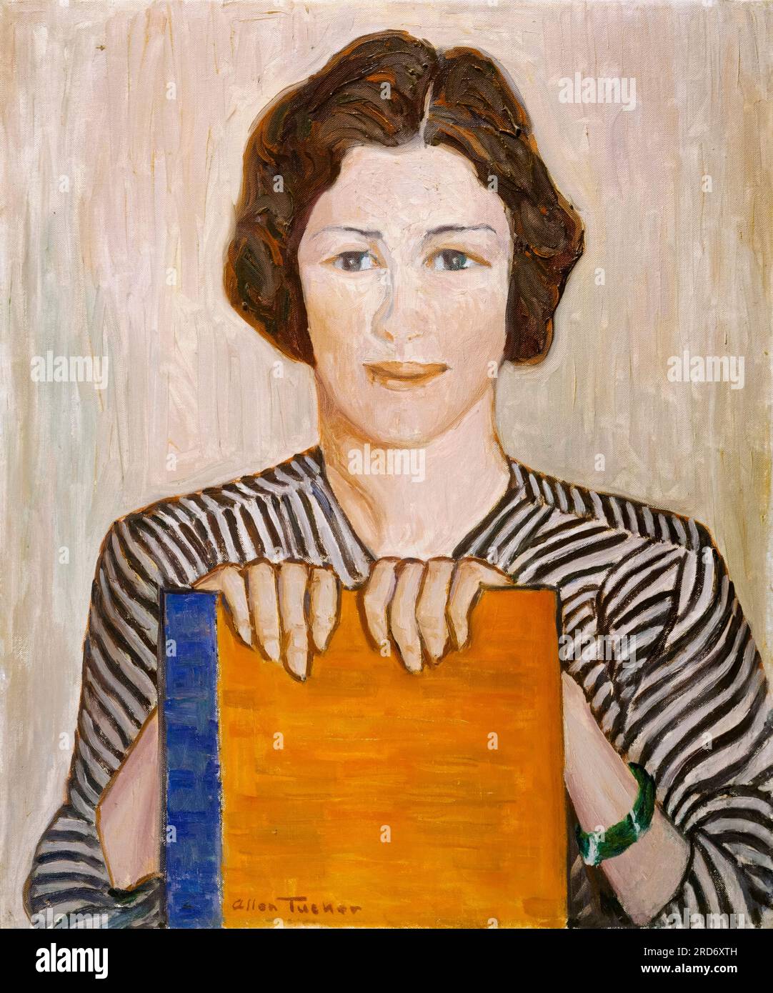 Allen Tucker, The Orange Book, portrait painting in oil on canvas