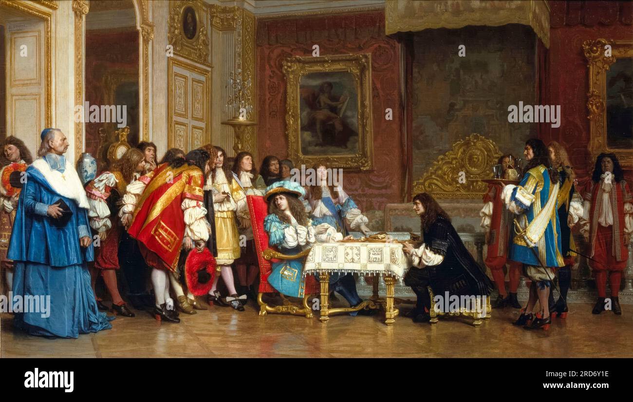 Jean Leon Gerome, Louis XIV and Molière, painting in oil on panel, 1862 Stock Photo