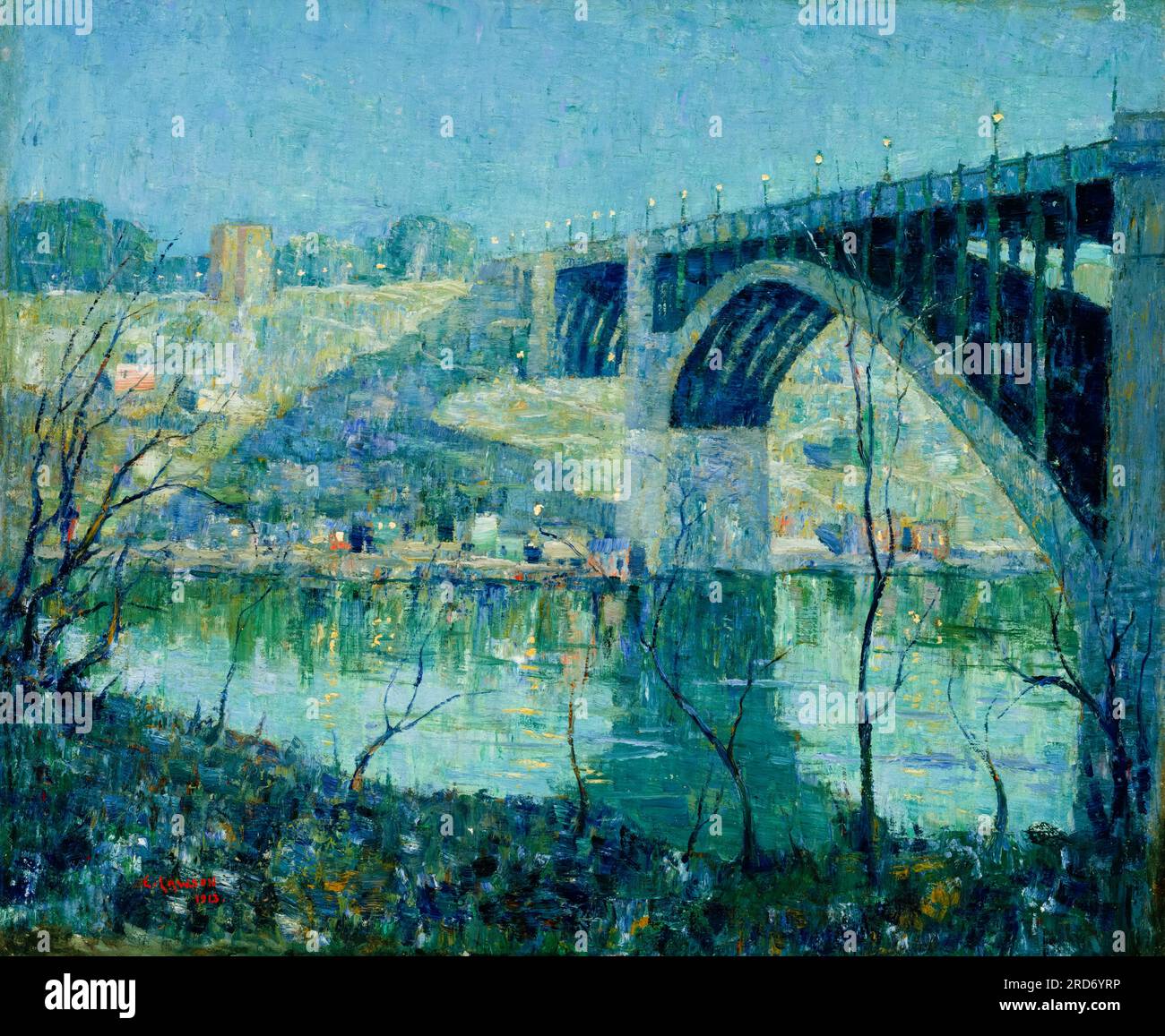 Ernest Lawson, Spring Night, Harlem River, landscape painting in oil on canvas mounted on panel