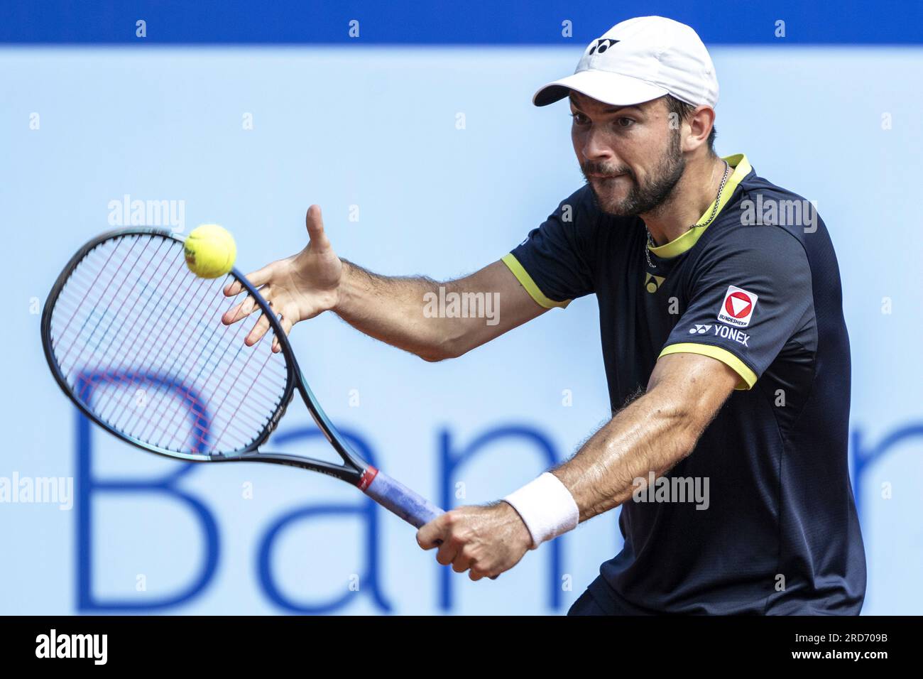 Jurij Rodionov of Austria in action against Zizou Bergs of Belgium at the Swiss Open tennis tournament in Gstaad, Switzerland, Wednesday, July 19, 2023