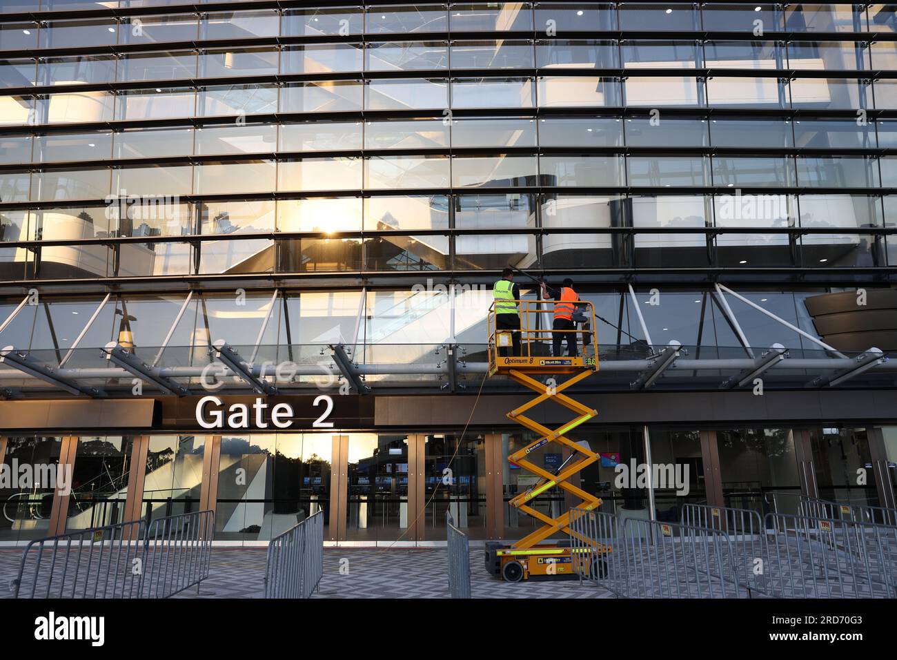 Sydney, Australia. 19th July 2023. Window cleaners giving the final preparation the Sydney Football Stadium, commercially known as Allianz Stadium, ahead of the FIFA Women's World Cup 2023 which begins on the 20th July, jointly hosted by Australia and New Zealand. Credit: Isabel Infantes/Empics/Alamy Live News Stock Photo