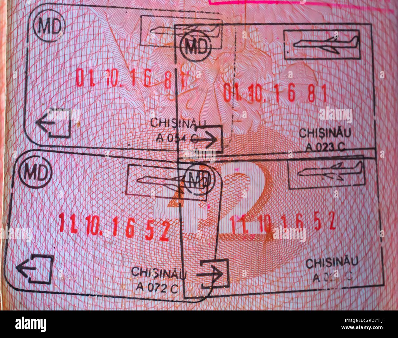 Moldova border crossing stamps. Moldova Chisinau entry visa stamp. Moldova Chisinau exit visa stamp 2016 Stock Photo