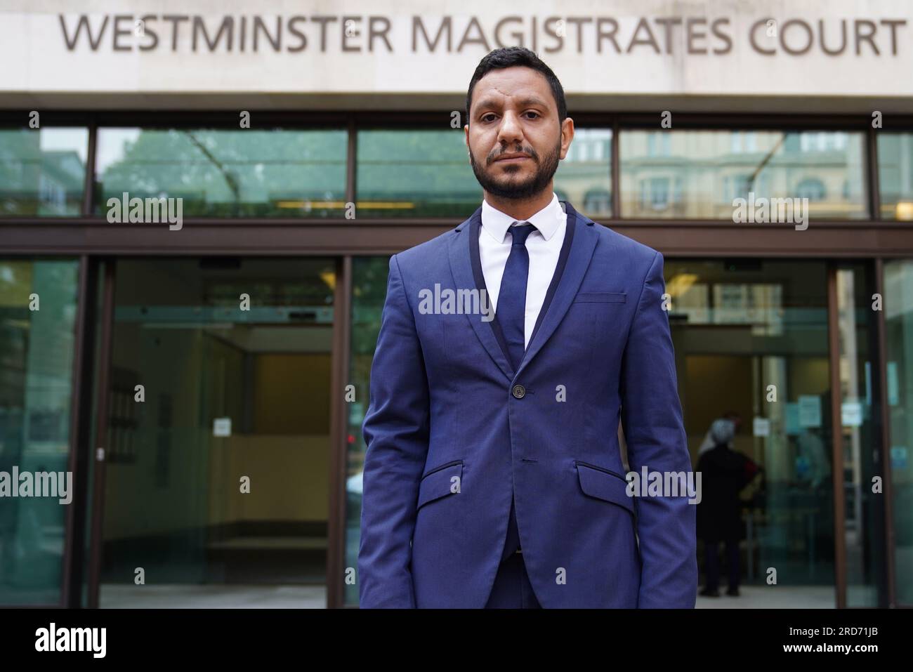 Activist Sayed Ahmed Alwadaei, who was allegedly racially abused by Beckenham MP Bob Stewart, outside Westminster Magistrates' Court, London. Mr Stewart is appearing at the court charged with a racially aggravated public order offence after an incident outside the Foreign Office's Lancaster House on December 14 last year. Picture date: Wednesday July 19, 2023. Stock Photo