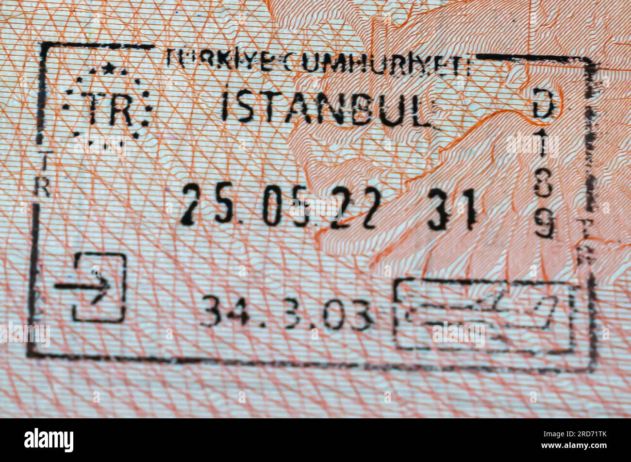 Turkish border crossing stamps with the name of Istanbul border point in an open passport. Istanbul entry stamp Stock Photo