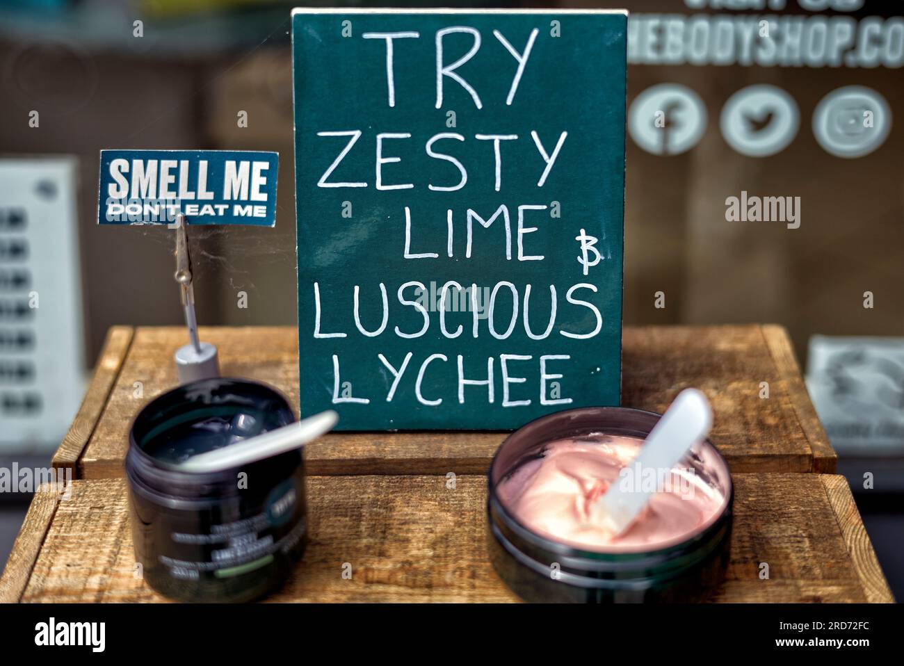 Don't eat me sign. Body shop warning for the use of sample cream which