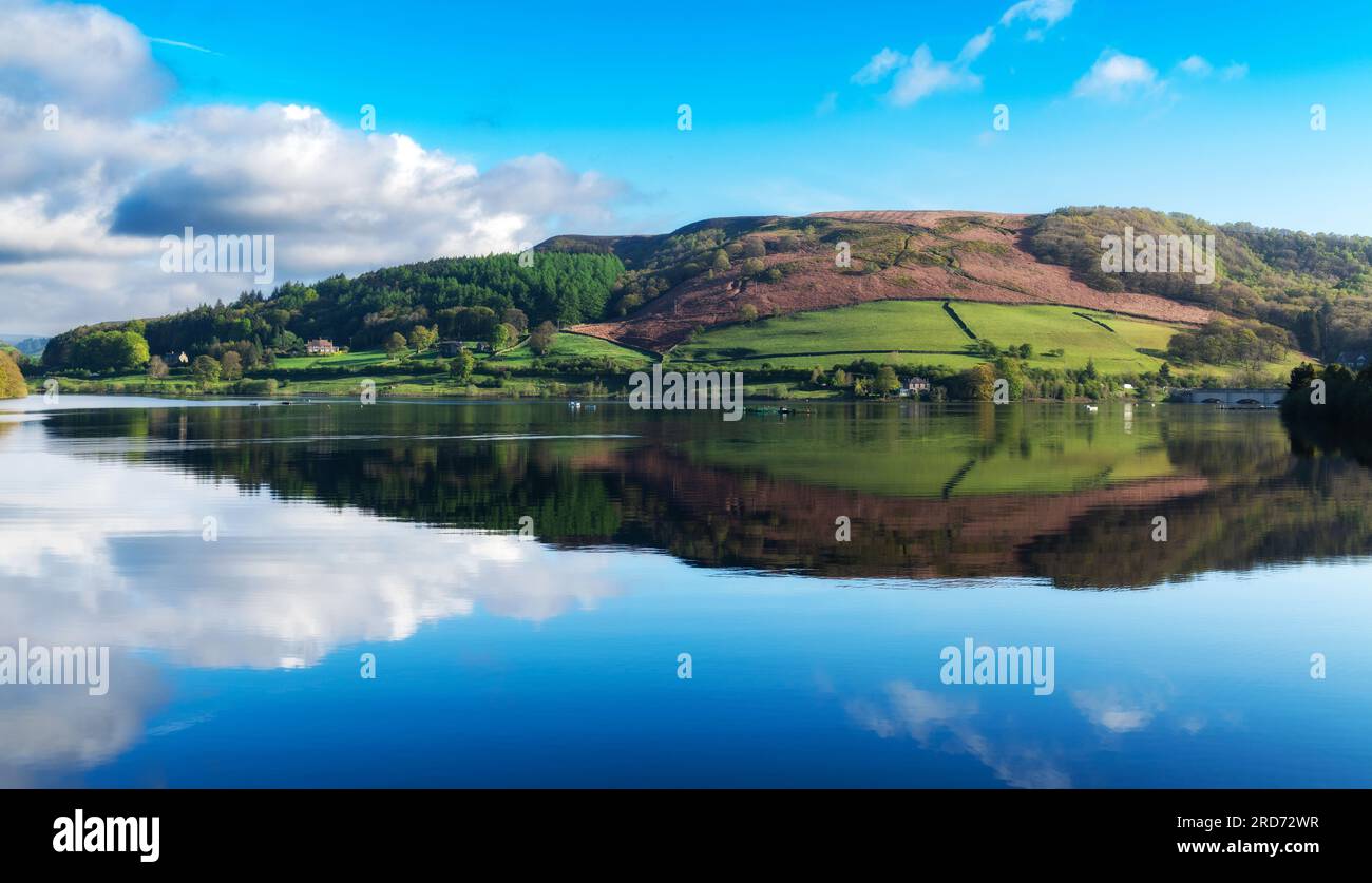 The Peak District landscape reflecting onto Lady Bower reservoir Derbyshire UK Stock Photo