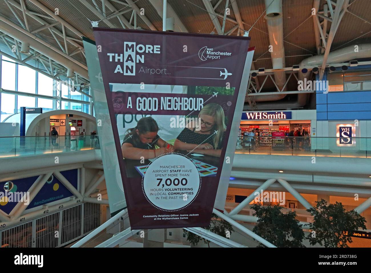 Manchester Airport, being a good neighbour messaging, Manchester Airport, Ringway, England, UK, M90 1QX Stock Photo