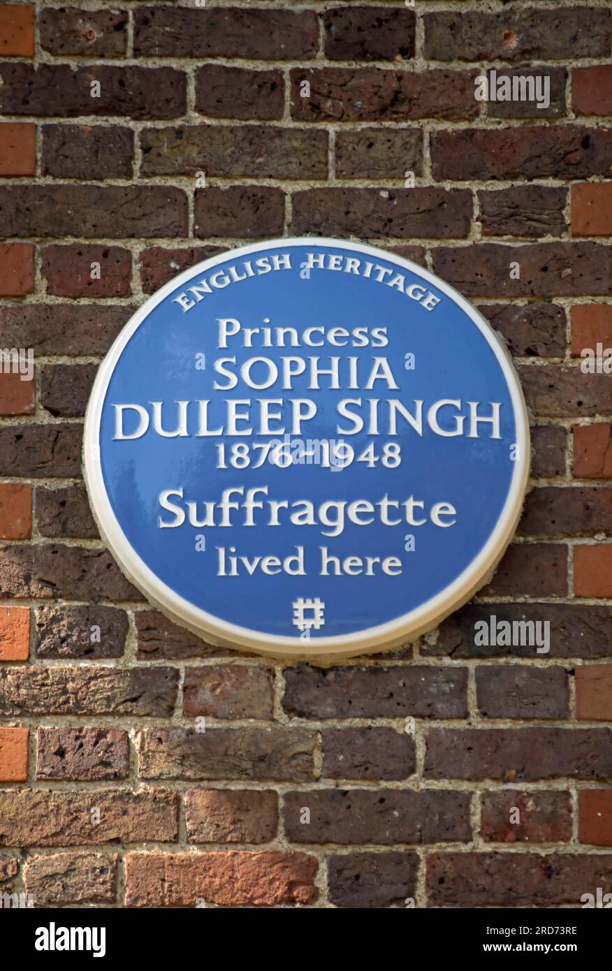 english heritage blue plaque marking a home of suffragette princess sophia duleep singh, faraday house, hampton court, london, england Stock Photo