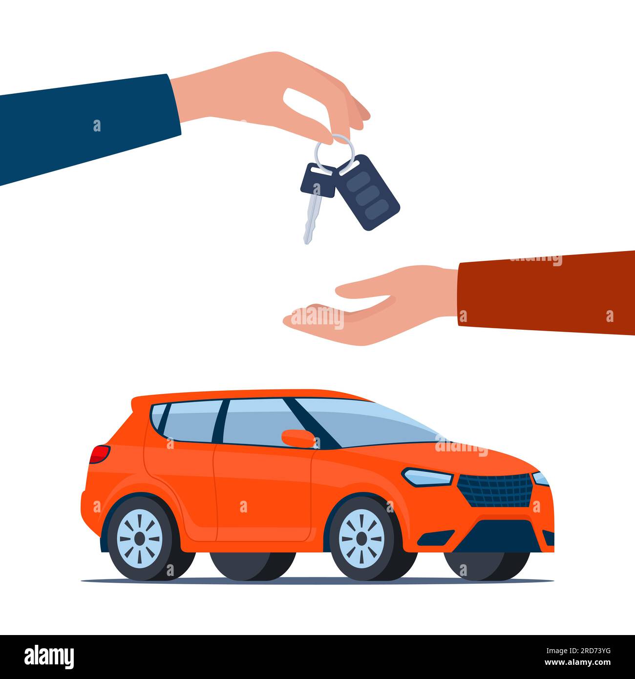 Dealer hand giving keys chain to a buyer hand. Red modern Suv car, side