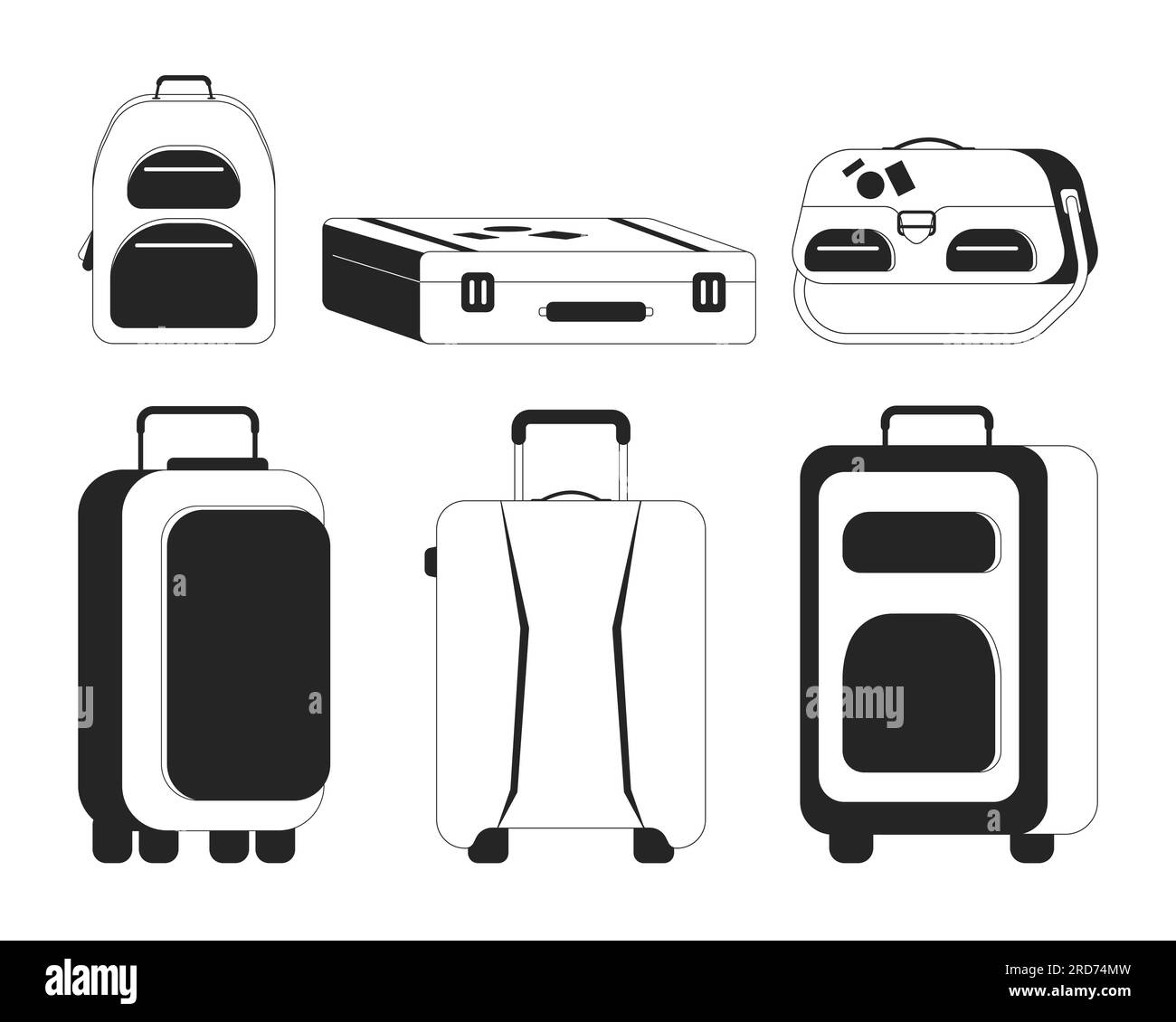 Airport baggage flat monochrome isolated vector objects pack Stock
