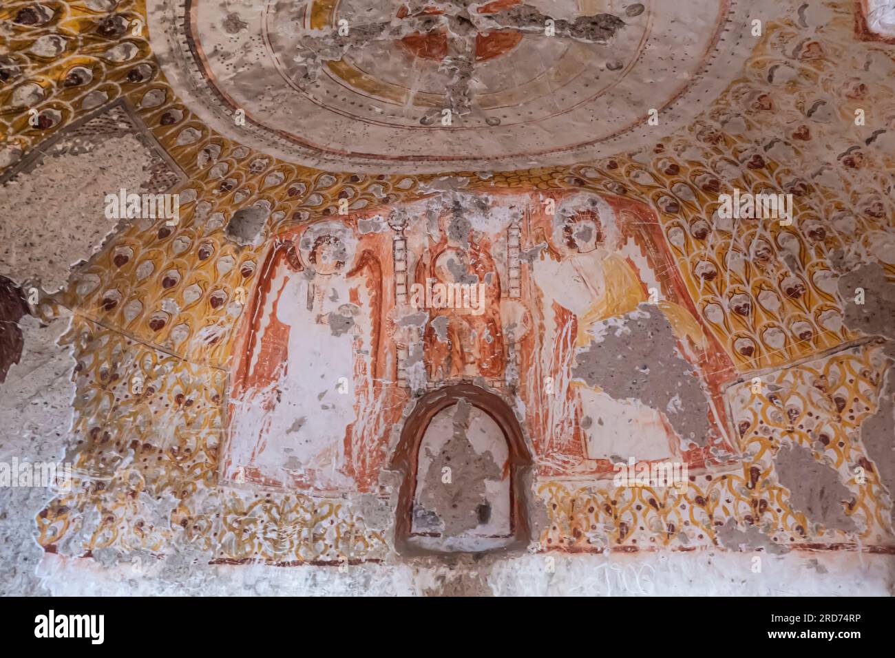 Frescos, decoration in Üzümlü Church (Turkish: Üzümlü Kilisesi) , a 7th-century church. Niketas the Stylite church in Red Valley Cappadocia Turkey Stock Photo