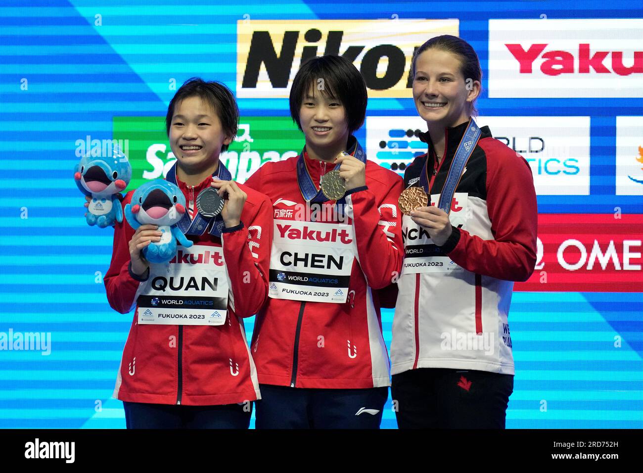 Medalists, from left to right, Quan Hongchan of China, silver, her