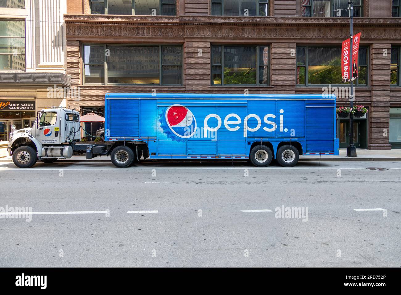 Pepsi Delivery Truck Stopped On Adams Street In Chicago Illinois USA, Pepsi A Leading Soda Brand In America Stock Photo