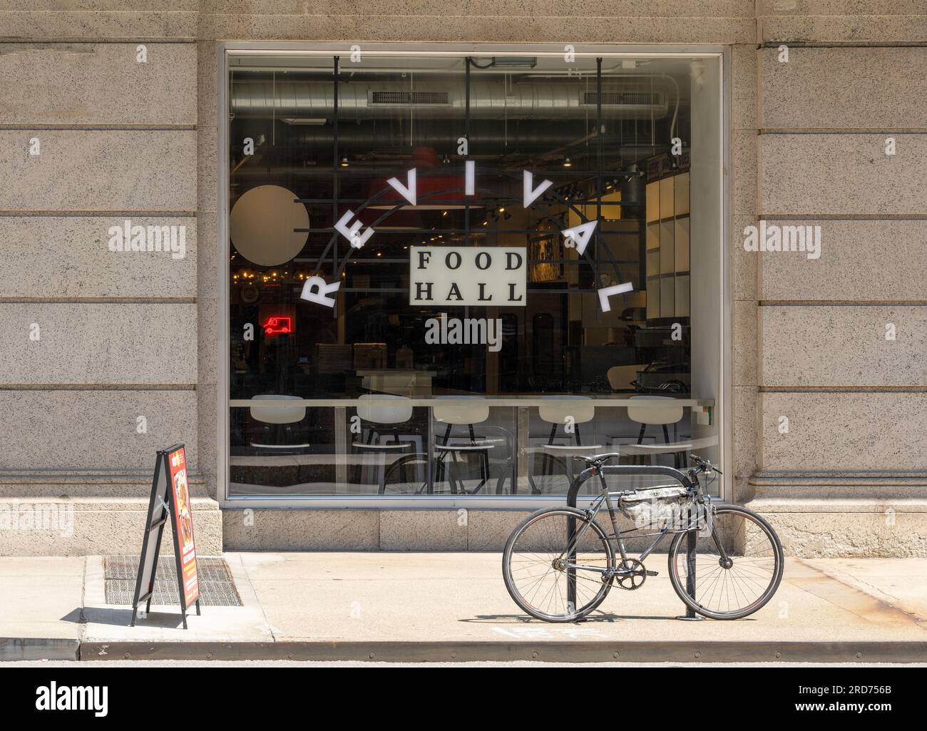 Window And Sign For THe Revival Food Hall In Downtown Chicago USA