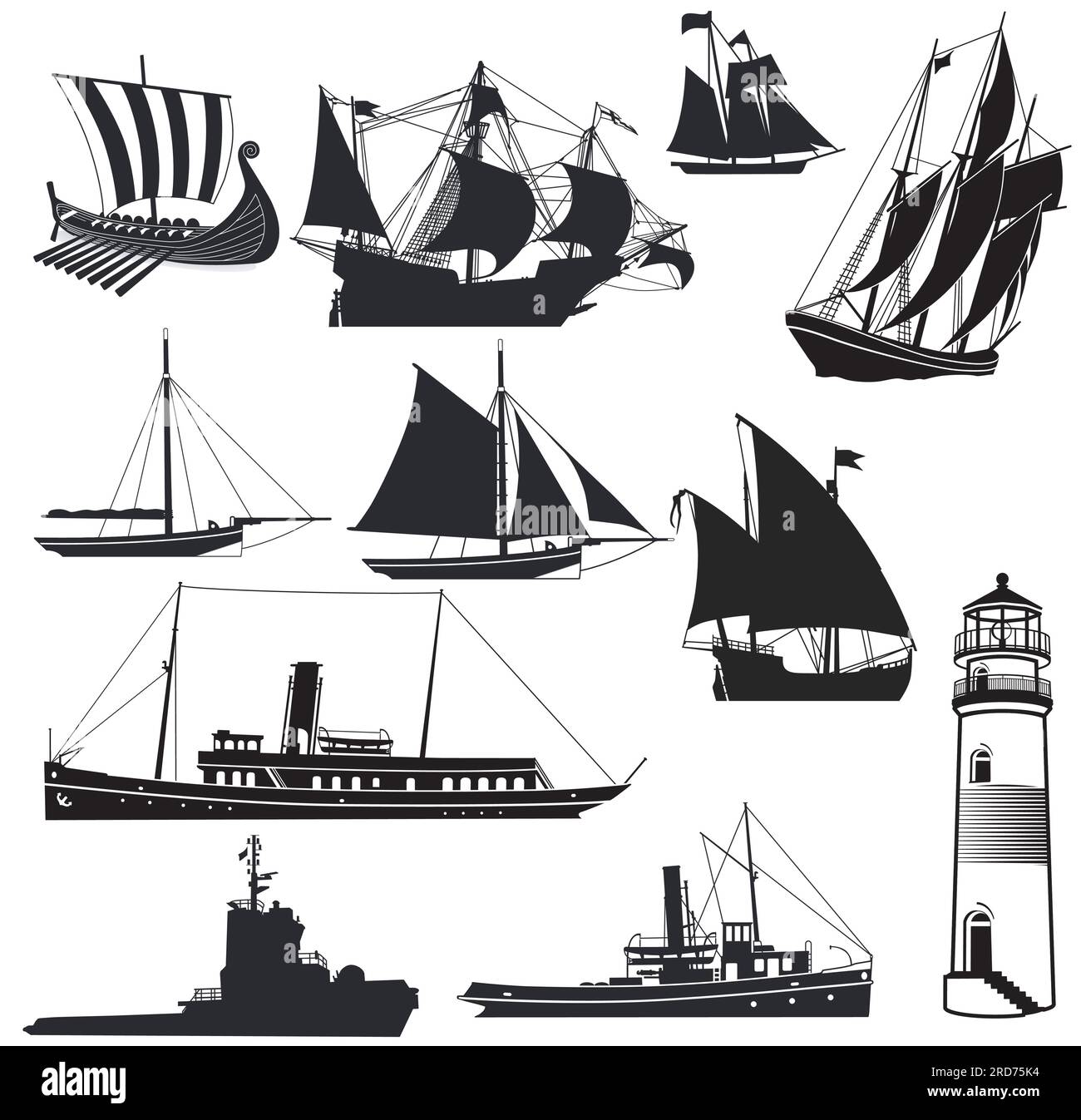 Lighthouse with ships and sailing ships isolated on white, illustration Stock Vector