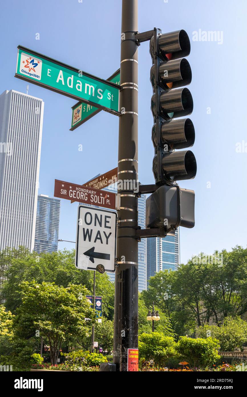 Traffic Lights At East Adams Street And S. Michigan Ave In Chicago USA Traffic Signals One Way Street Sign, Stock Photo