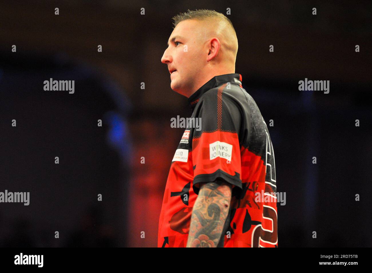 Blackpool, UK. 16th July, 2023. BLACKPOOL, UNITED KINGDOM - JULY 16: Nathan  Aspinall of England during Day 2 of the 2023 Betfred World Matchplay at the  Winter Gardens on July 16, 2023