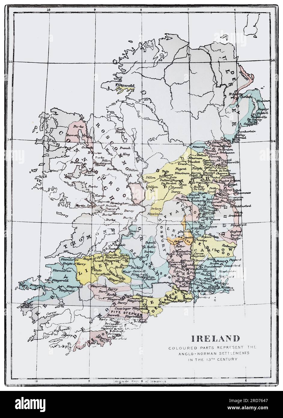 A map of Ireland showing 13th century Anglo Norman settlements (in colour) following invasion in the previous century. Stock Photo