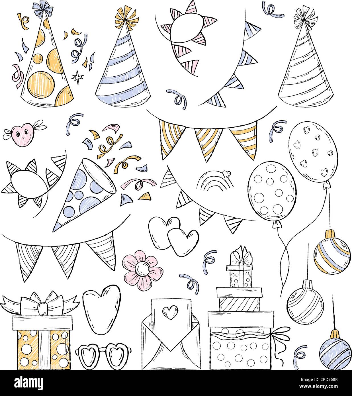 Set of Happy Birthday doodles. Sketch of Party decoration, gift box, cake,  party hats. Hand drawn vector illustration isolated on white background.  30738269 Vector Art at Vecteezy
