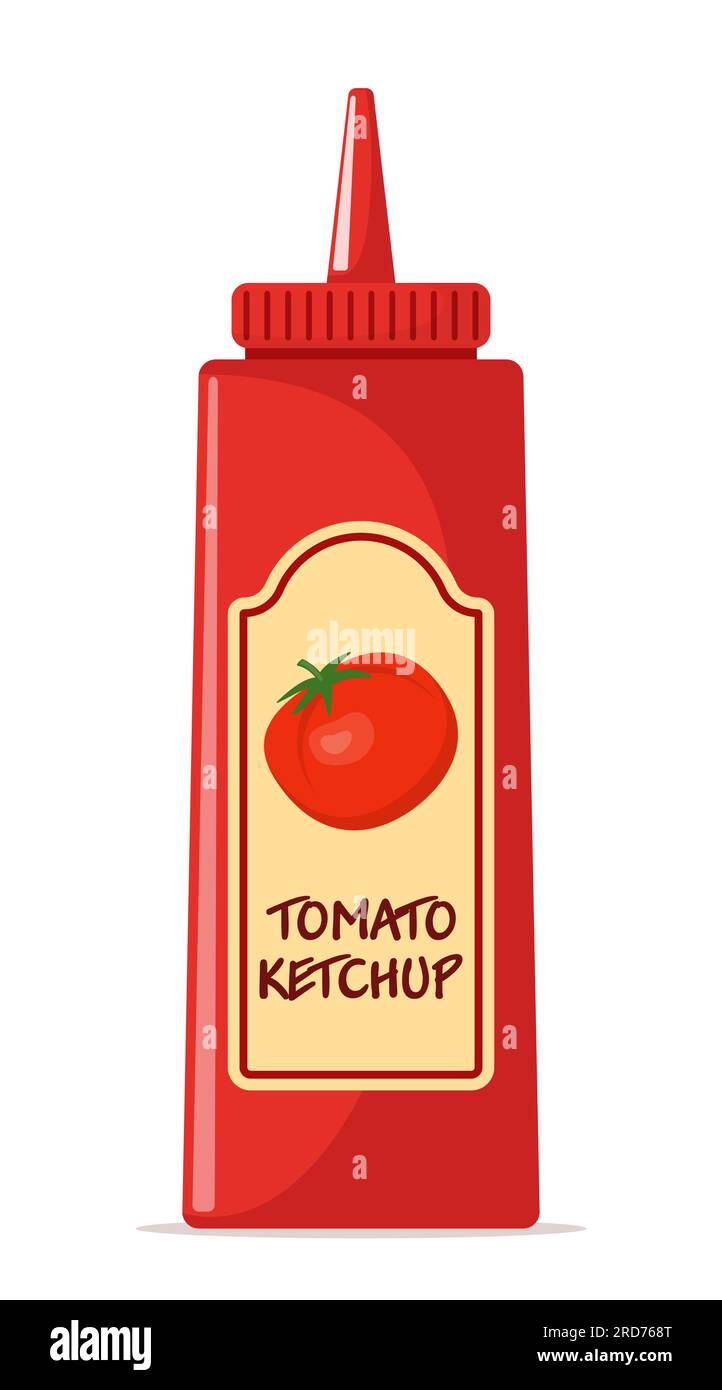 Plastic bottle of red tomato ketchup sauce with label. Vector