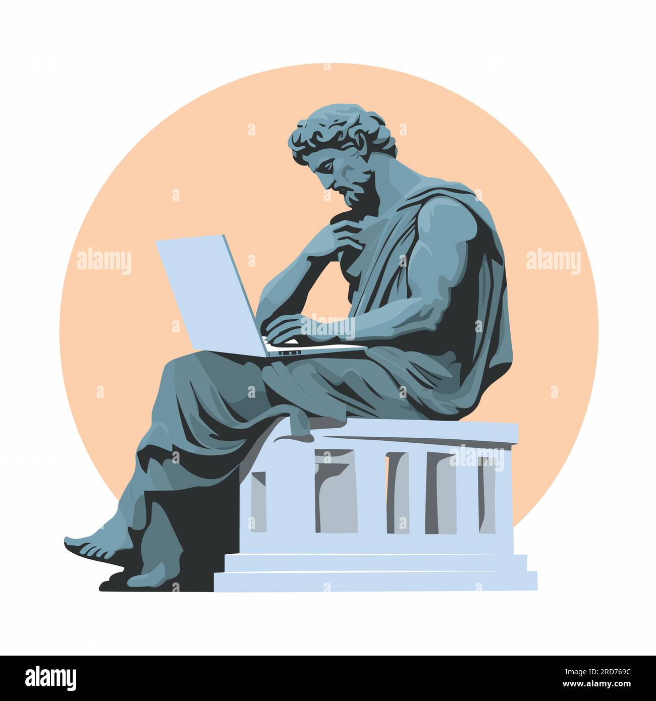 ancient stone greek statue working on laptop vector isolated Stock