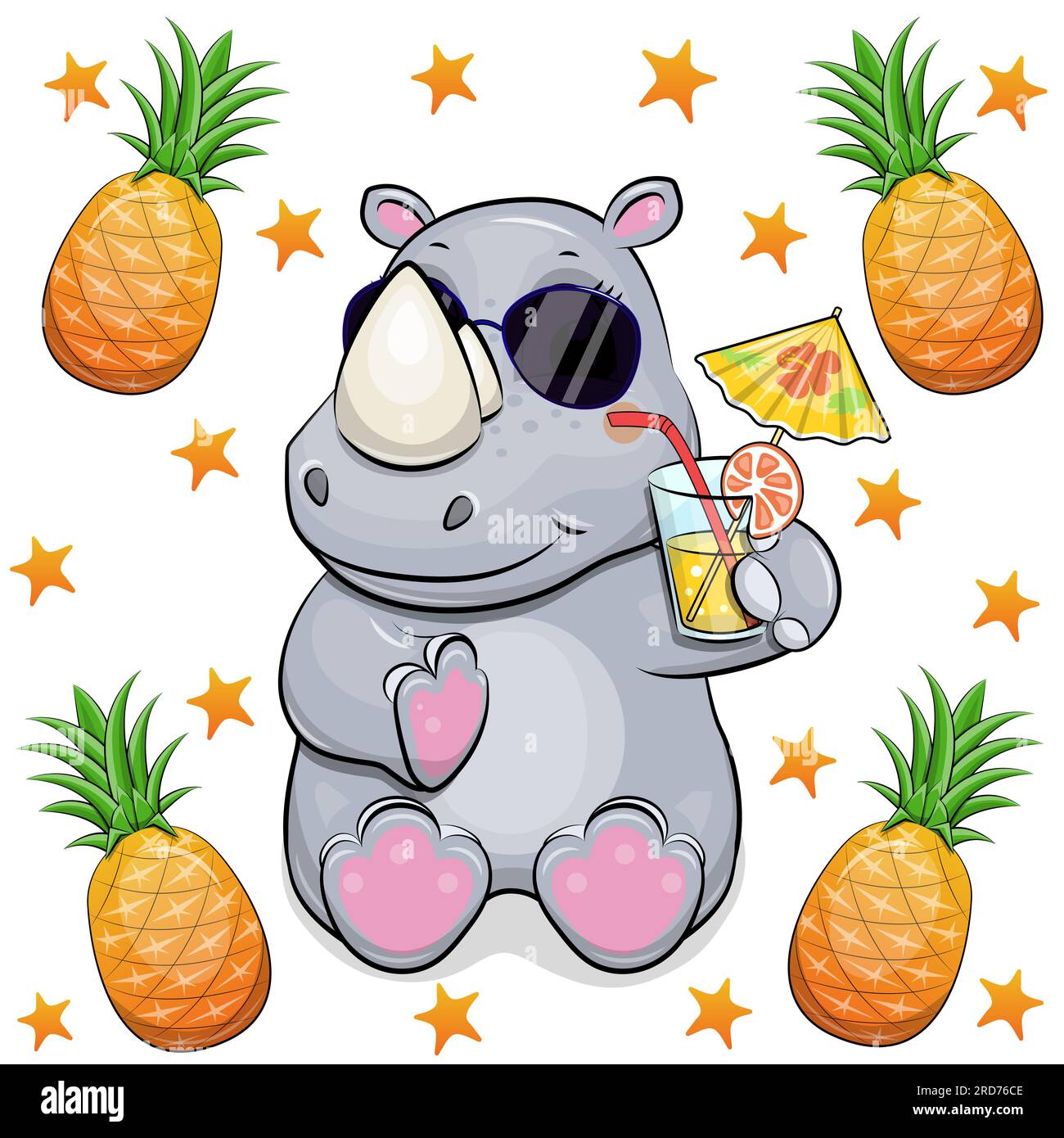 Cute cartoon rhinoceros with black sunglasses and lemonade. Summer animal vector illustration with pineapples and stars on white background. Stock Vector