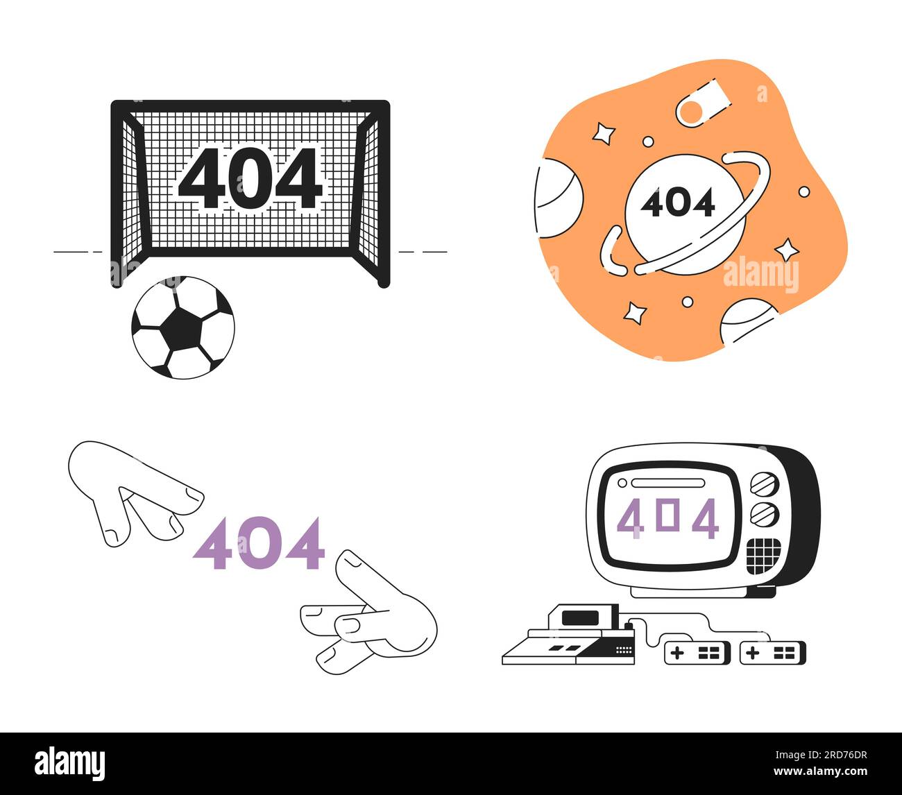 Activity and hobbies black white error 404 flash messages pack Stock Vector