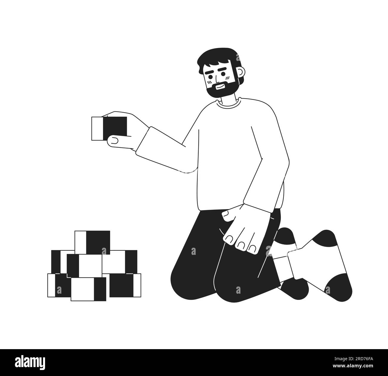 Happy bearded father playing with constructor cubes monochromatic flat vector character Stock Vector