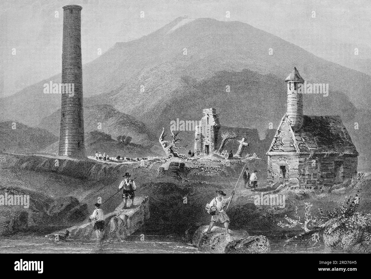 A illustration from the first half 18th Century of the roundtower and St Kevin's Kitchen in Glendalough, County Wicklow, Ireland. The early Medieval monastic settlement was founded in the 6th century by St Kevin, a descendant of one of the ruling families in Leinster, whose fame as a holy man spread and he attracted numerous followers. The destruction of the settlement by English forces in 1398 left it a ruin but it continued as a church of local importance and a place of pilgrimage. Stock Photo