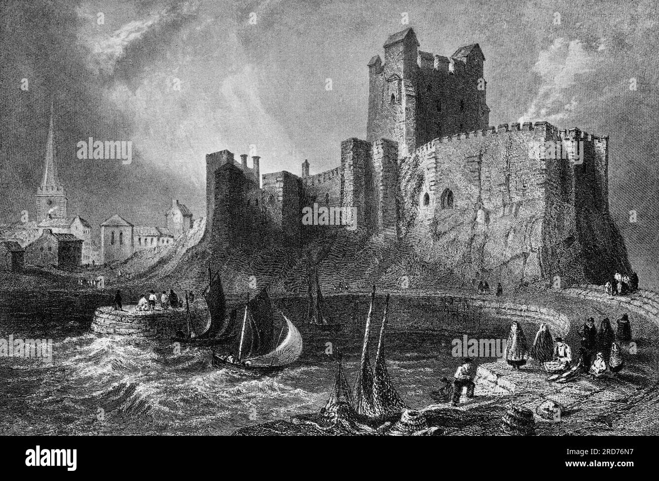 An early illustration of the Norman Carrickfergus Castle in County Antrim, on the northern shore of Belfast Lough, Northern Ireland. Built by John de Courcy in 1177 as his headquarters,  with 3/4 of the castle perimeter surrounded by water, it was besieged in turn by the Scottish, native Irish, English, and French and remains one of the best preserved medieval structures in Northern Ireland. Stock Photo