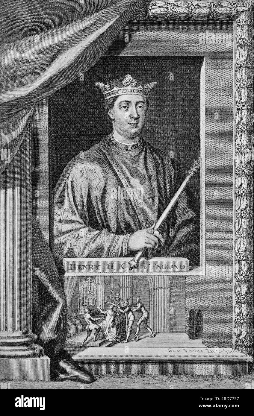 An early illustration of King Henry II (1133-1189) of England. He became uneasy  that Richard de Clare (Strongbow) and other loyal subjects were becoming too accustomed to Ireland’s way of life, so he invaded Ireland with a fleet of 400 ships to transport his army and weapons in October of 1171, the first time an English monarch set foot in Ireland. On arrived in Ireland the Lords, faced with the massive invasion force agreed to remain loyal to King Henry II who went on to build many castles to protect his newly conquered territories. Stock Photo