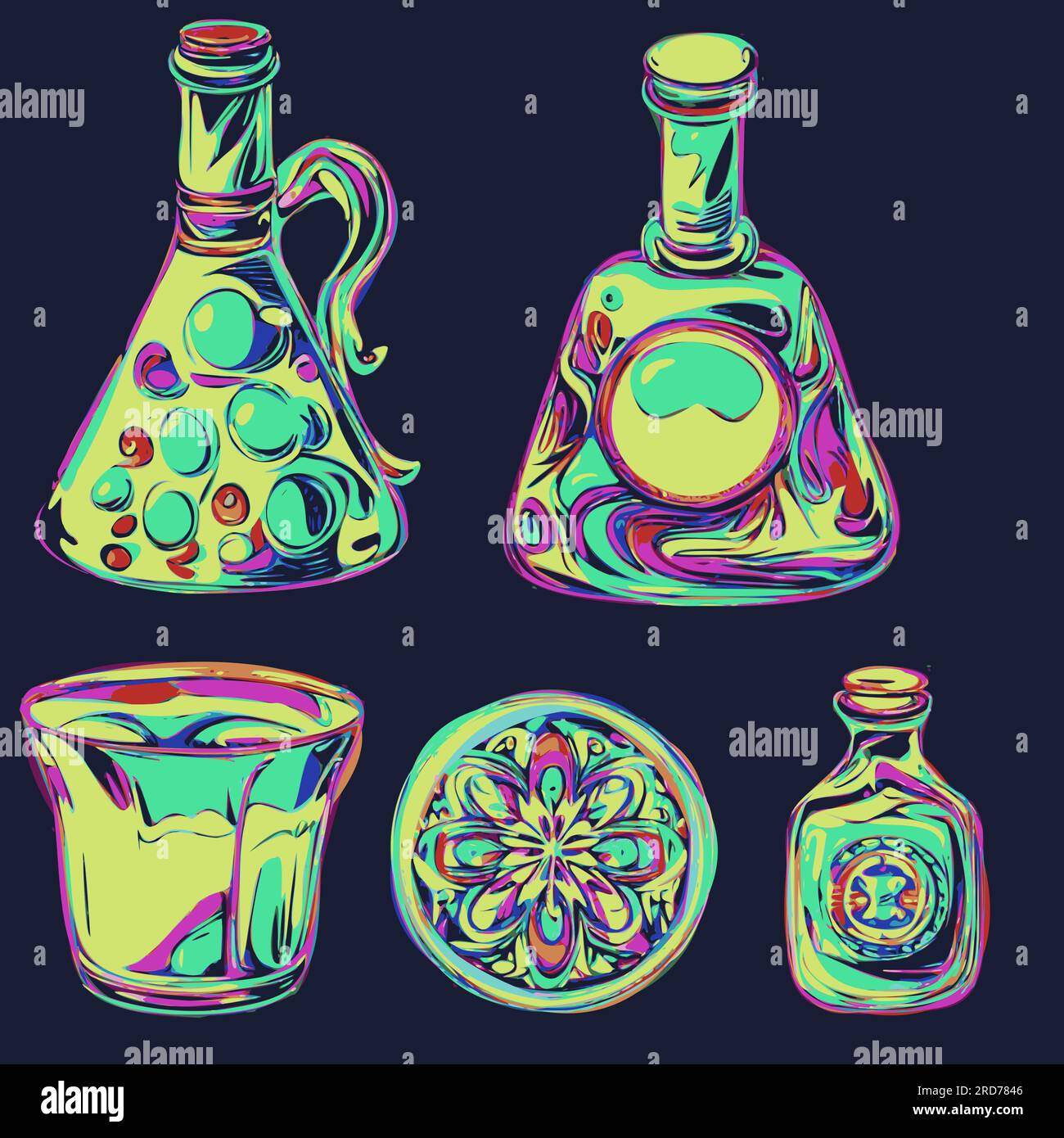 Absinthe bottles in psychedelic style. decanters and glasses in acid colors. vector set on a black background Stock Vector