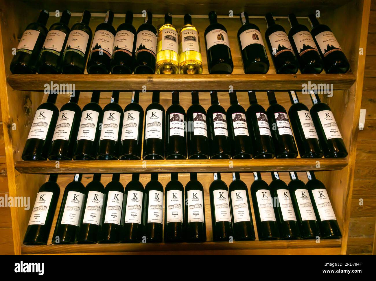 Central Anatolia Turkey wine bottles on shelf Stock Photo