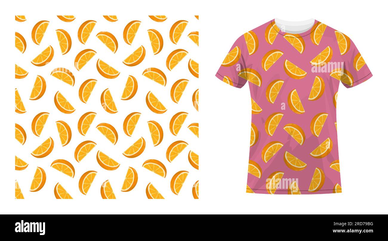 Short sleeved cotton sports t shirt decorated seamless pattern with slices of orange. Slices of orange. Comfortable summer clothes. Vector ornament fo Stock Vector