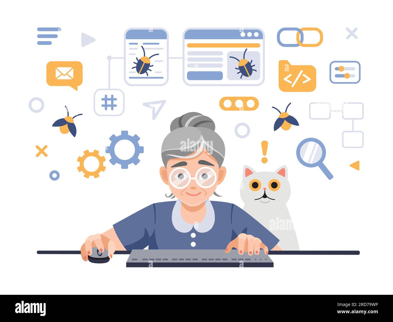 Programmer Tester Female Character Cartoon Illustration Elderly Software Tester At Computer