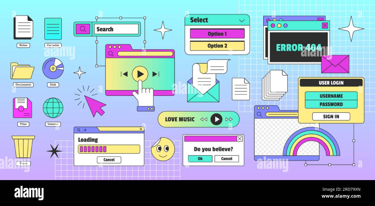 Vaporwave pc desktop with user interface elements in trendy y2k retro style. Icons set of computer windows, dialog box. 90s old browser with tabs, message boxes, loading bar, button and symbols. Stock Vector