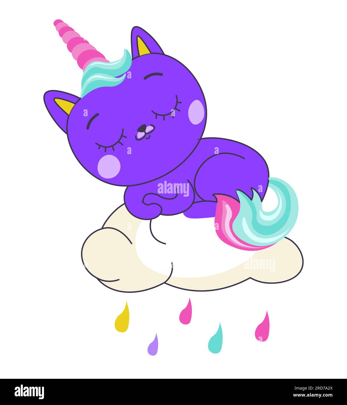 Unicorn kitty sleeping on cloud with raindrops Stock Vector