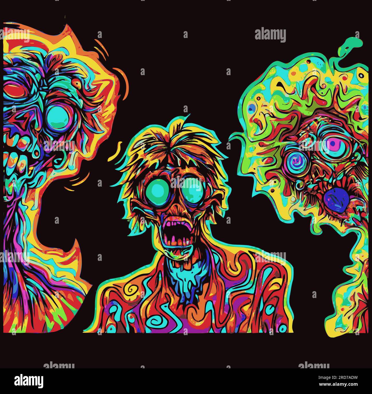 Fantasy  vector pattern of rainbow  zombies. Wallpaper of hallucinogenic zombies in acid colors.  amazing SET of colored  monstr on a black background Stock Vector